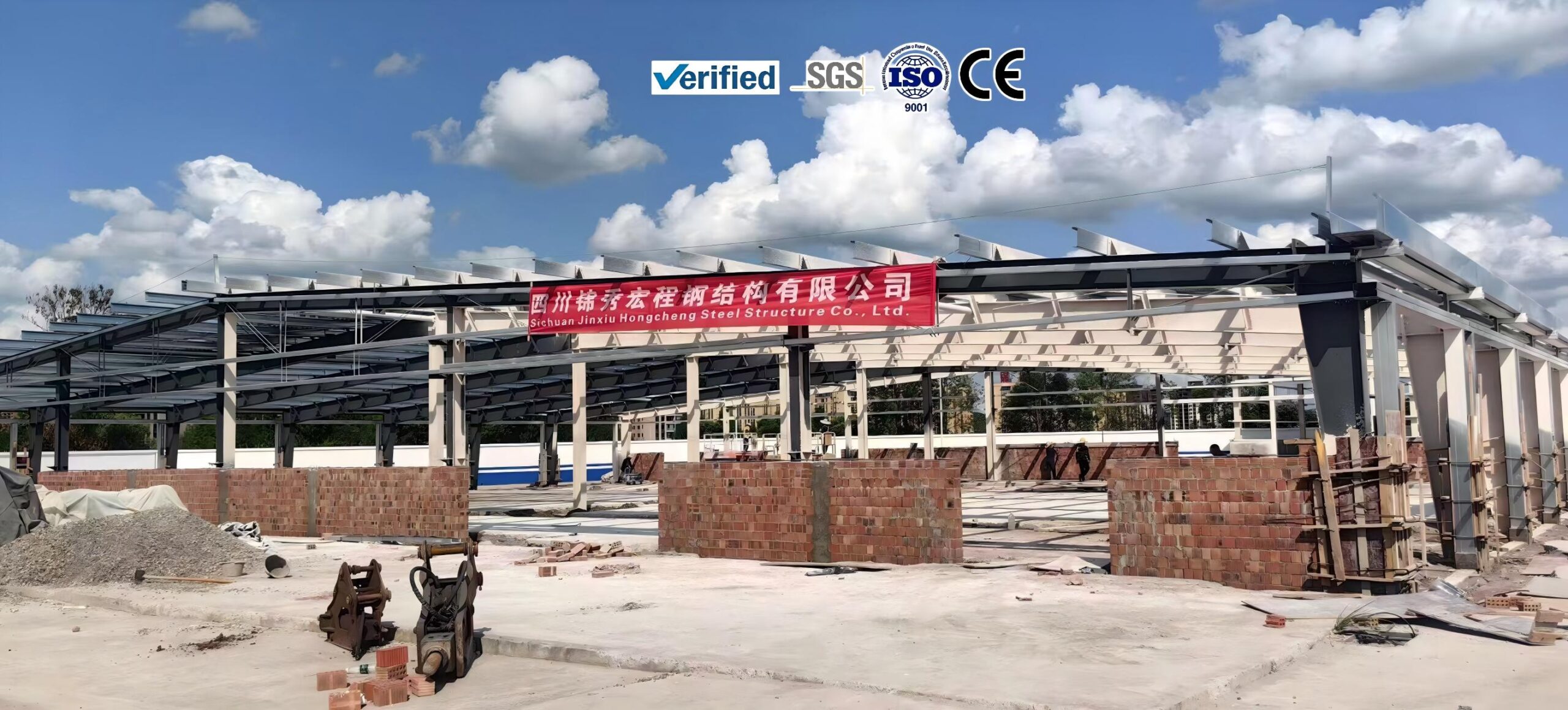 Steel structure frame erection on site for a prefab warehouse building
