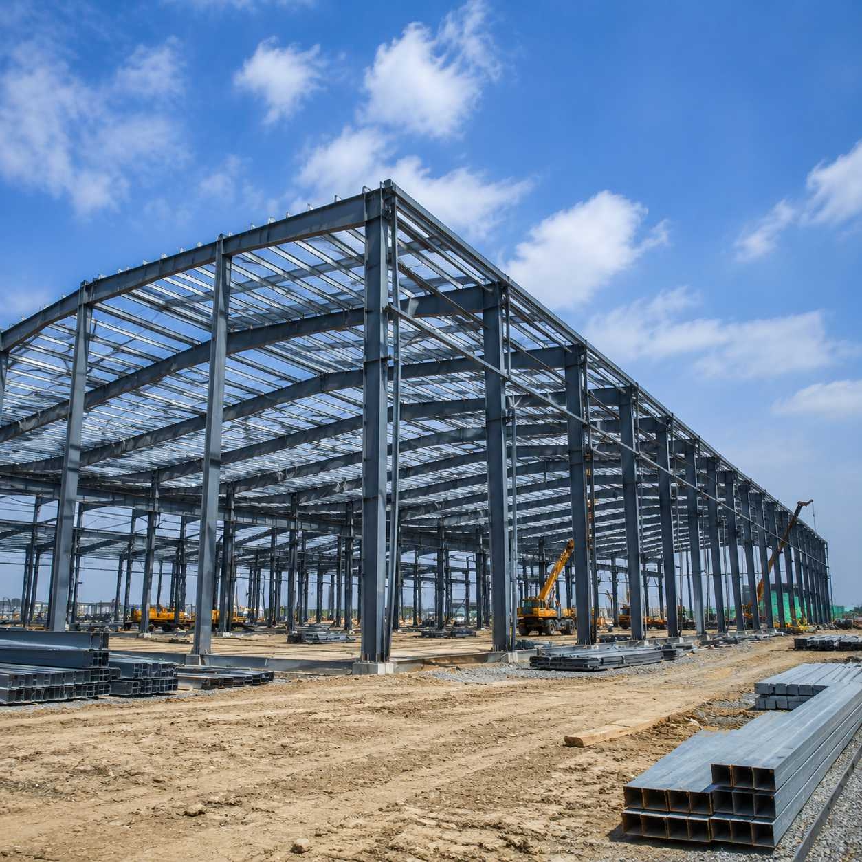 Prefabricated steel warehouse frame under construction for industrial procurement