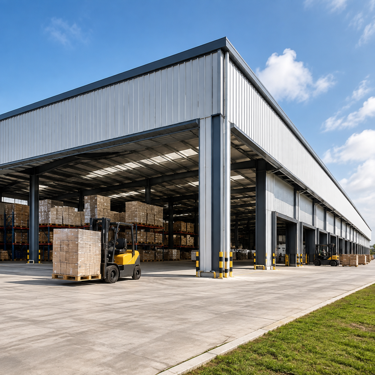 Prefabricated steel warehouse with loading bays and logistics equipment