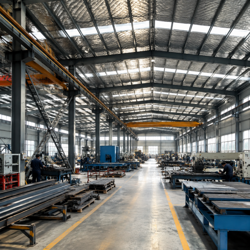 Steel-framed fabrication workshop with clear-span production space