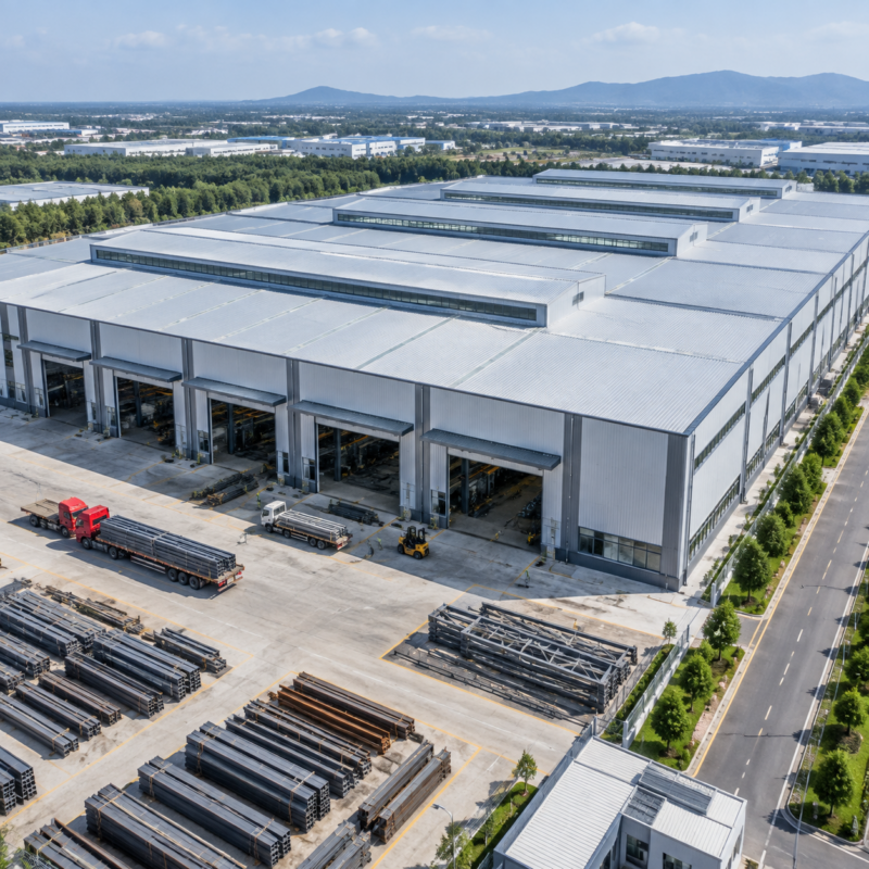 Prefabricated steel factory building and organized structural material yard