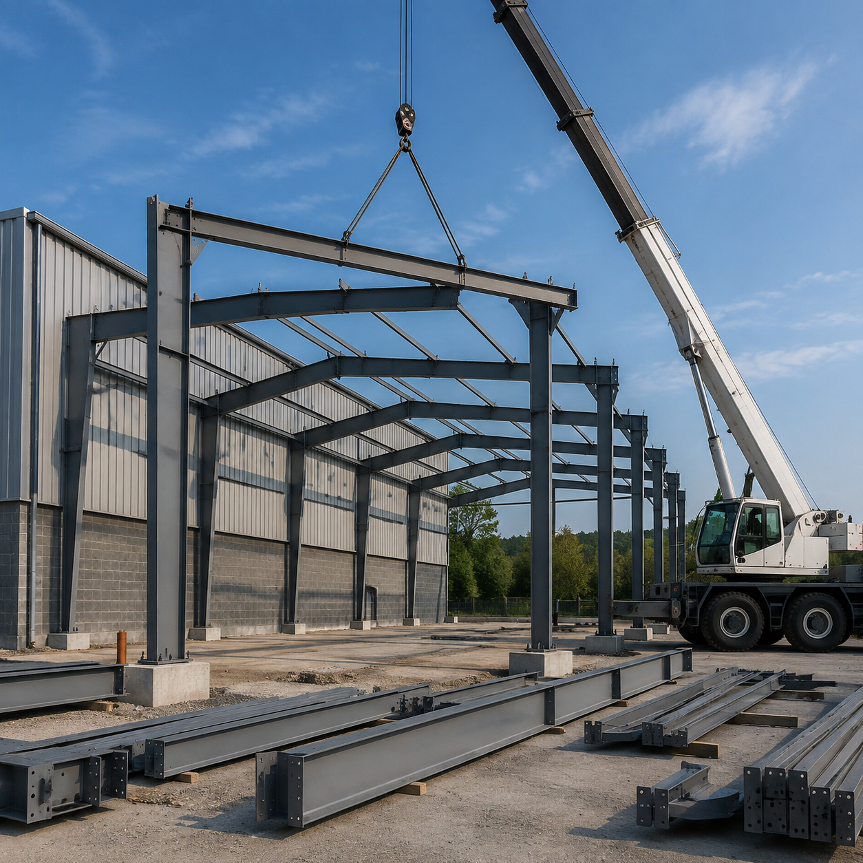 Prefabricated steel industrial building expansion under erection