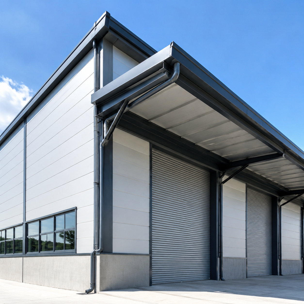 Industrial steel building with insulated cladding and loading canopy
