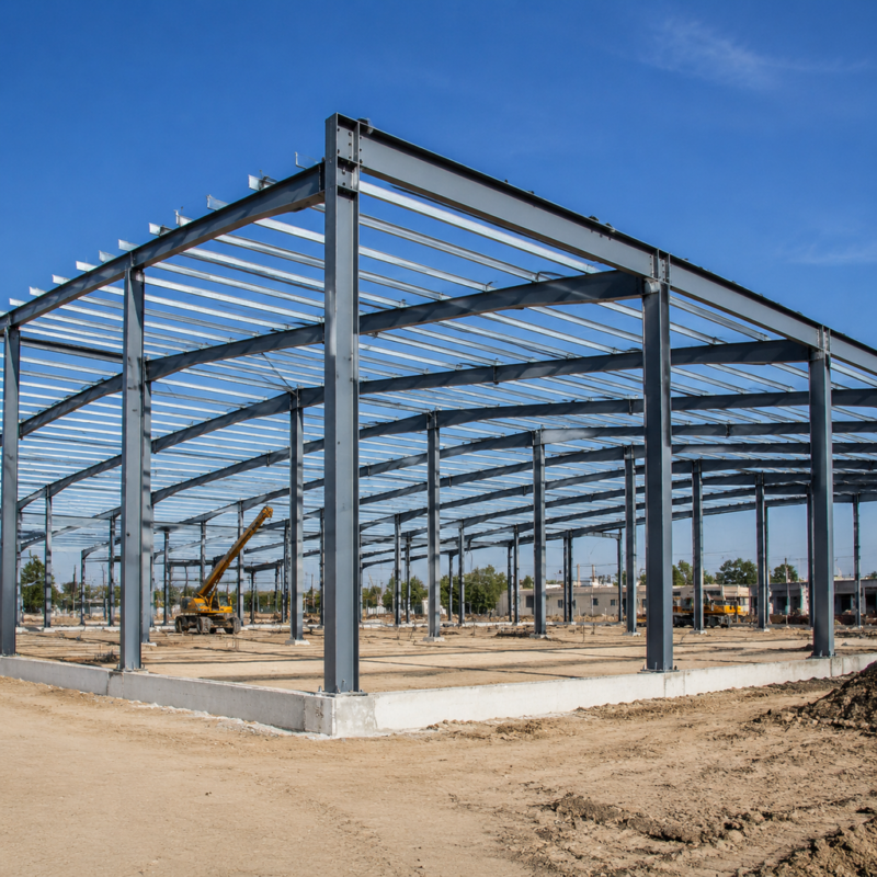 Prefab steel portal frame building construction site