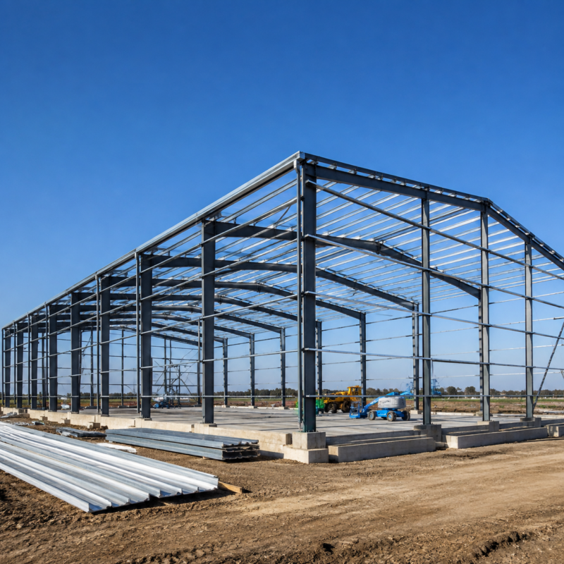 prefab steel warehouse building under construction