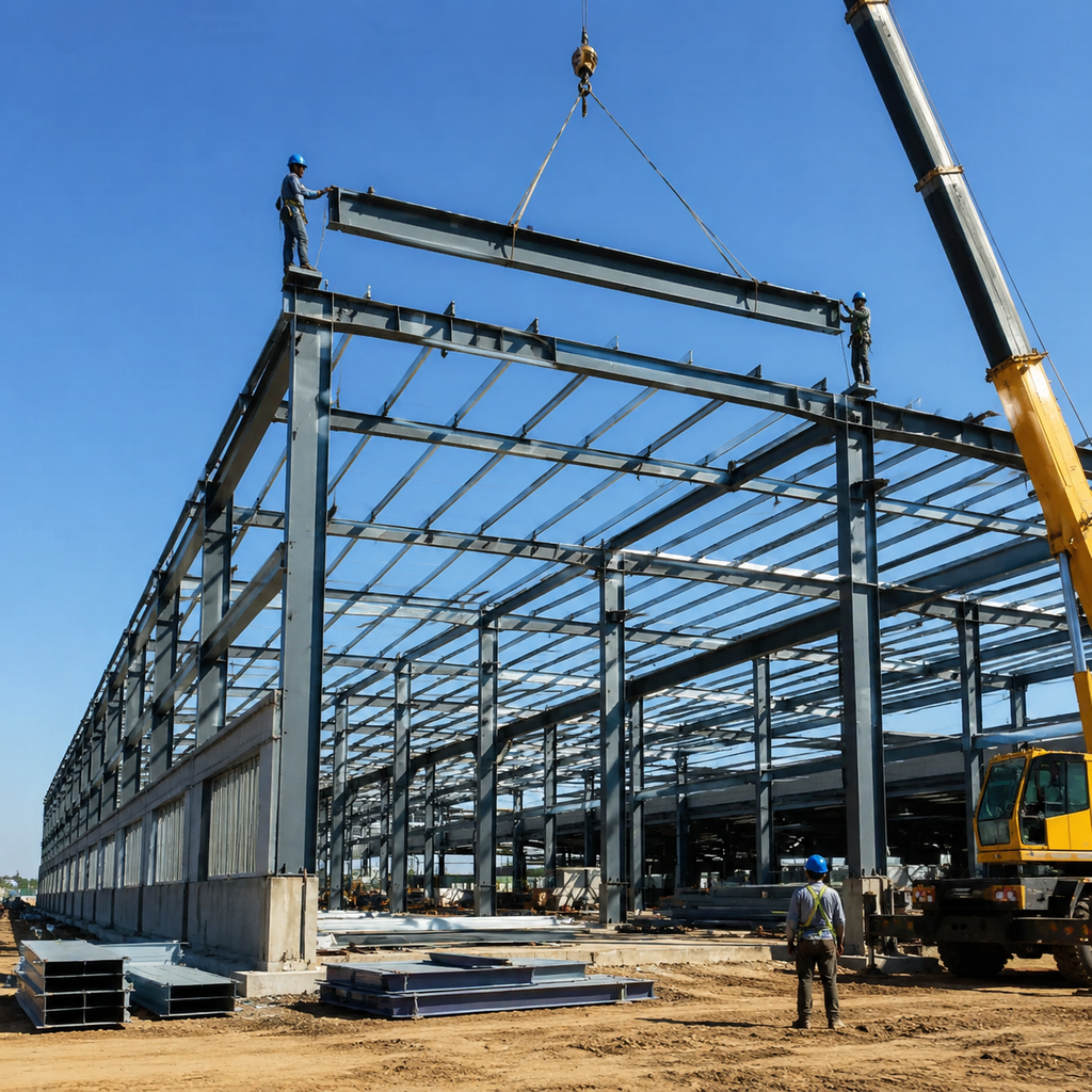 Prefab steel warehouse building frame installation