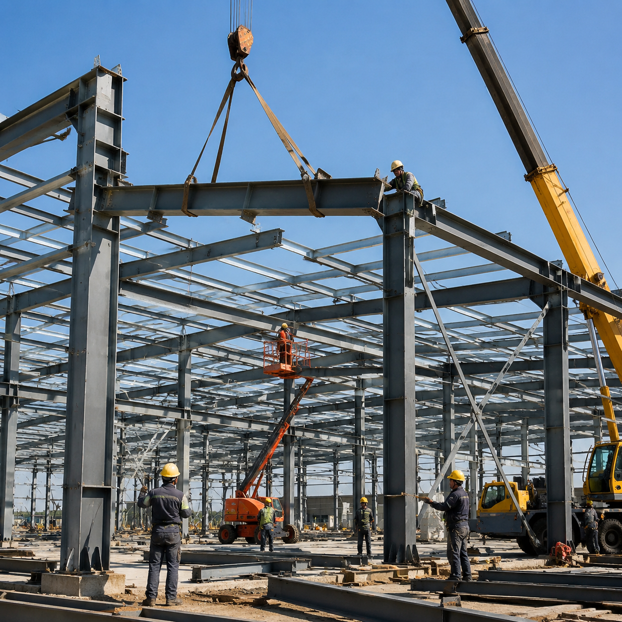Prefab steel warehouse frame assembly on site