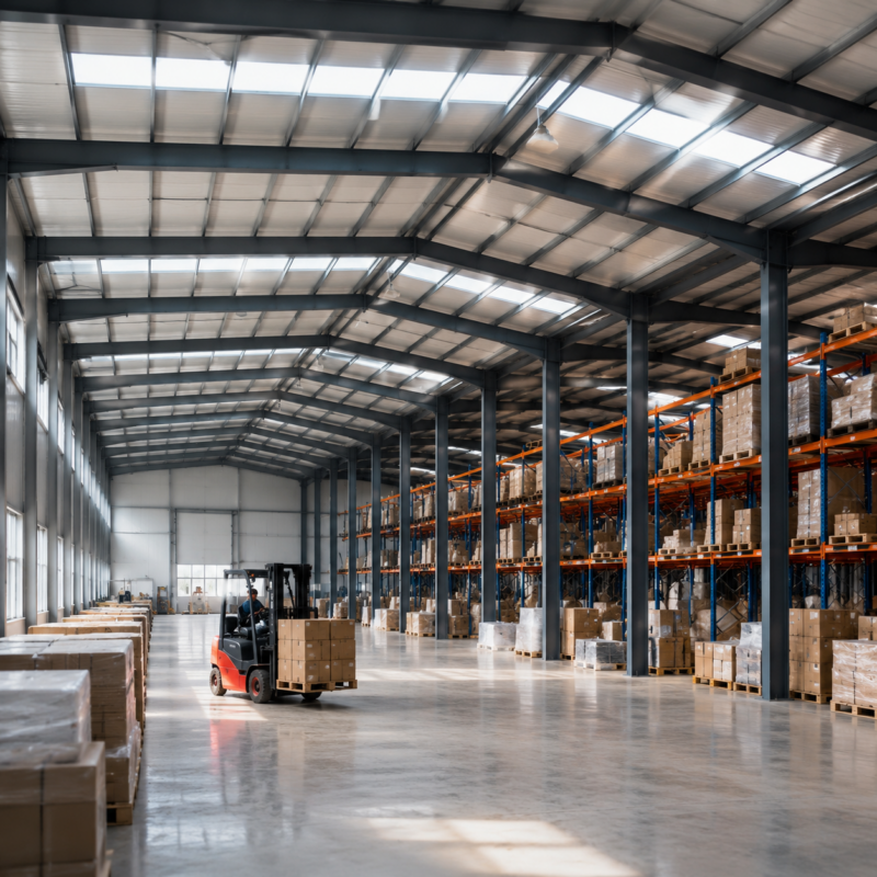 Steel warehouse clear-span frame and racking interior for buyer procurement planning