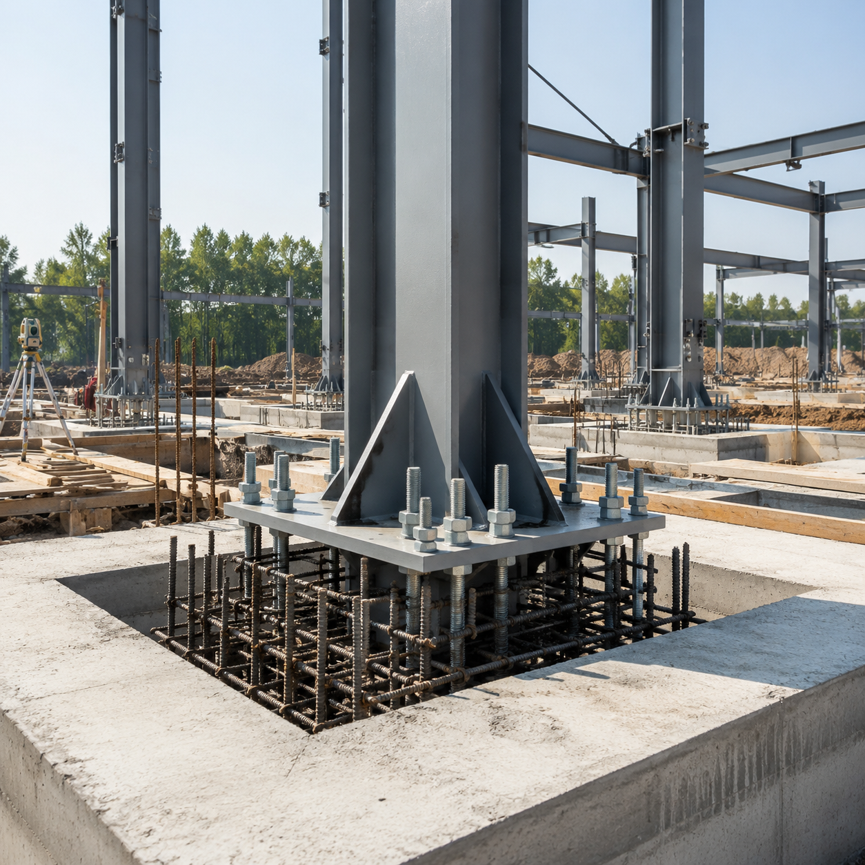 Steel building foundation anchor bolts and base plates during erection