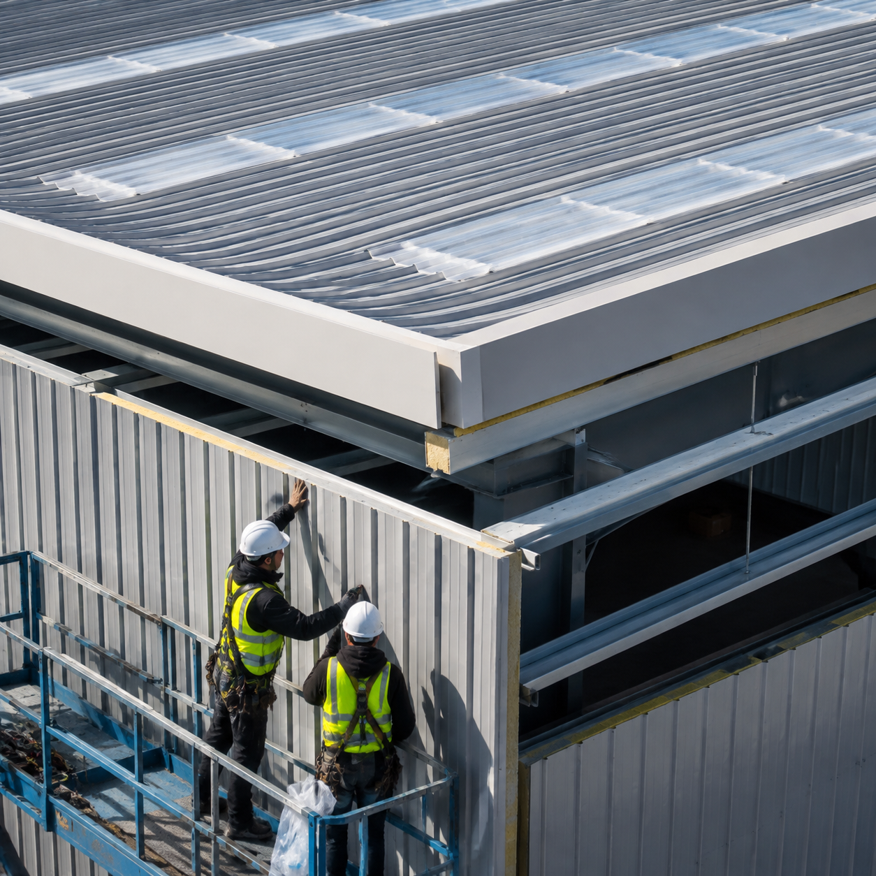 Prefab steel factory building roof and wall envelope panel installation
