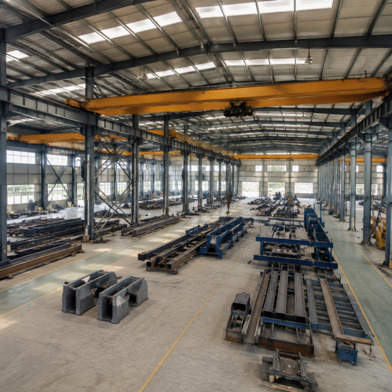 Steel workshop building with overhead crane runway and traveling crane for buyer planning
