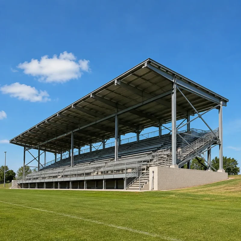 Finished steel grandstand with raker beams and seating deck at a sports venue