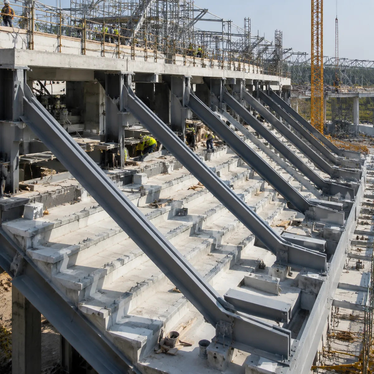 Steel raker beams and stepped seating deck under construction