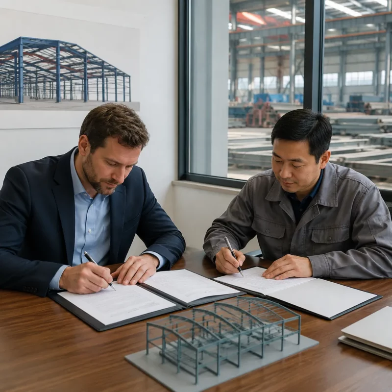 Buyer and factory manager signing a steel building export contract