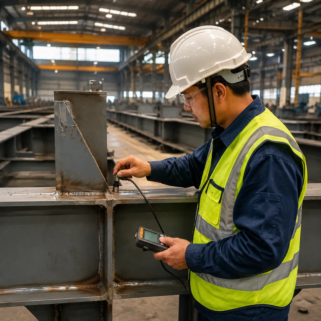 Inspector checking weld and paint quality on steel members