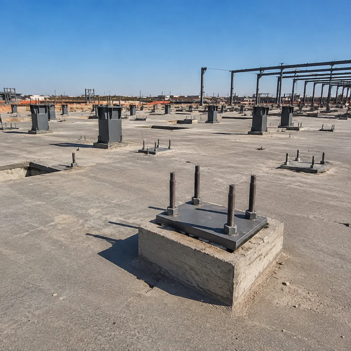 Warehouse foundation slab with anchor bolt groups ready for steel columns