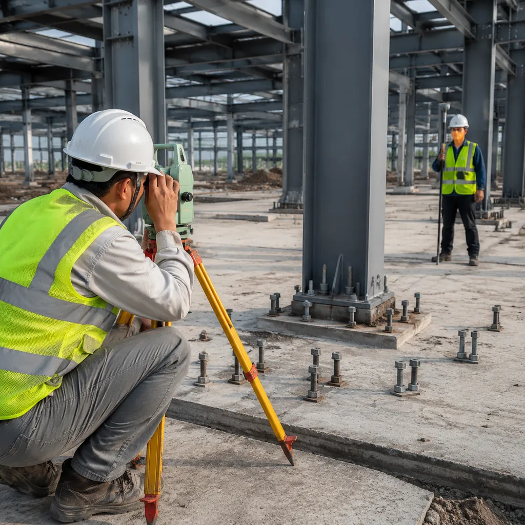 Workers surveying anchor bolt positions before erection