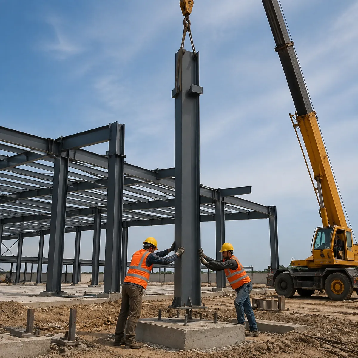 Crane lifting a steel column onto prepared anchor bolts