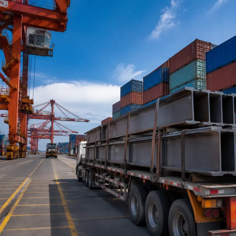 Container port with cargo cranes and a steel structure shipment