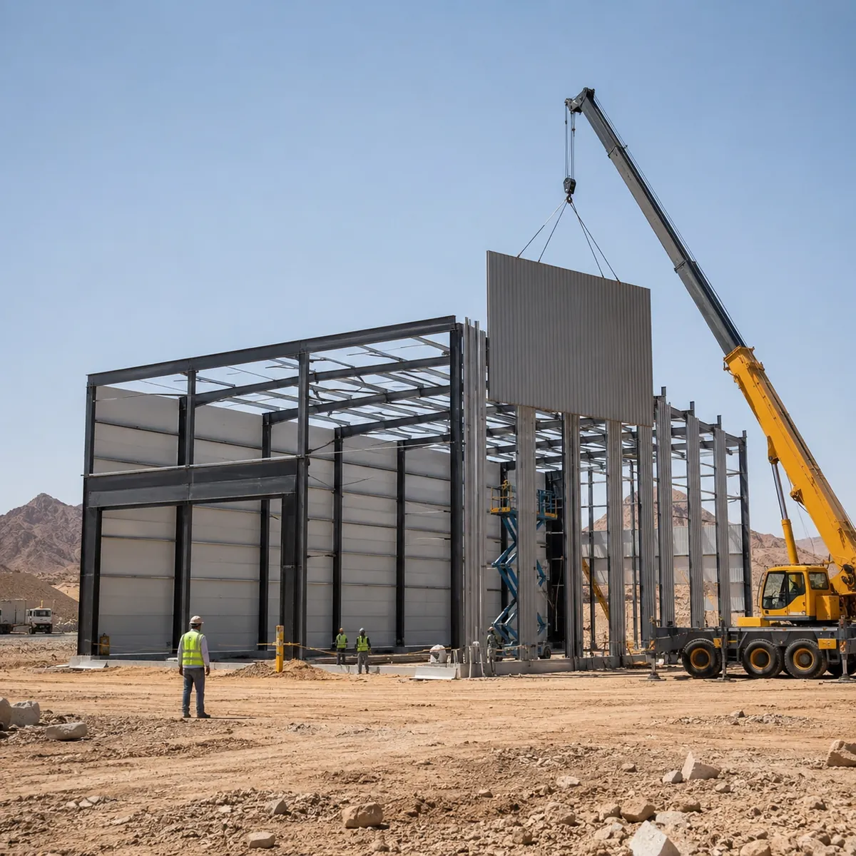 Steel warehouse under construction with crane lifting panels