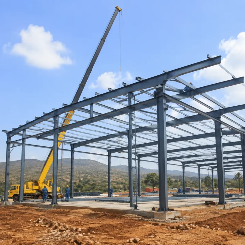 Steel workshop under construction with clear-span frame