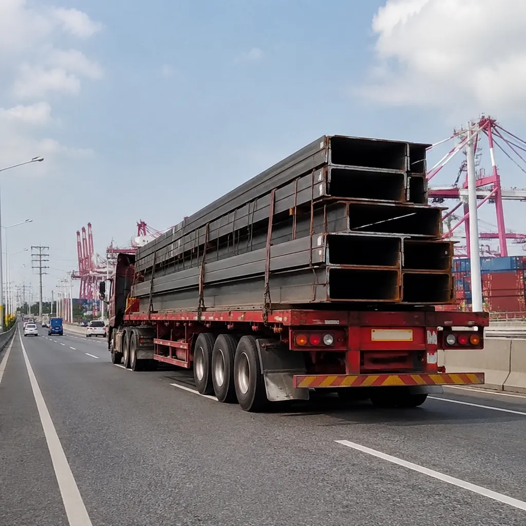 Container truck carrying steel beams on a highway
