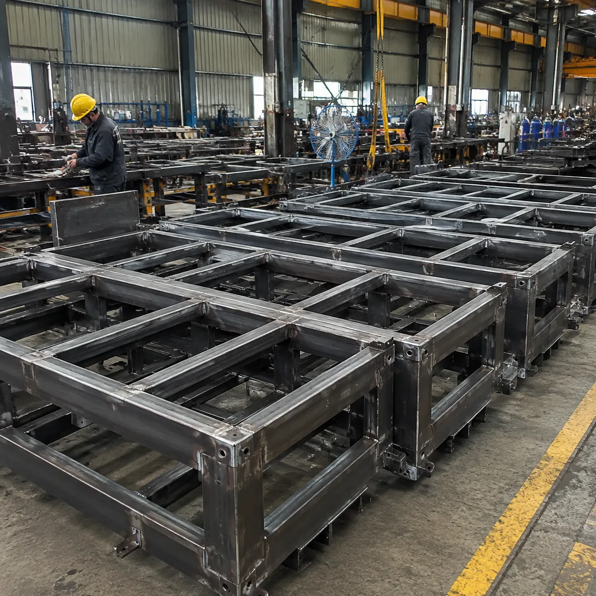 Staged steel frames in a fabrication workshop ready for packing
