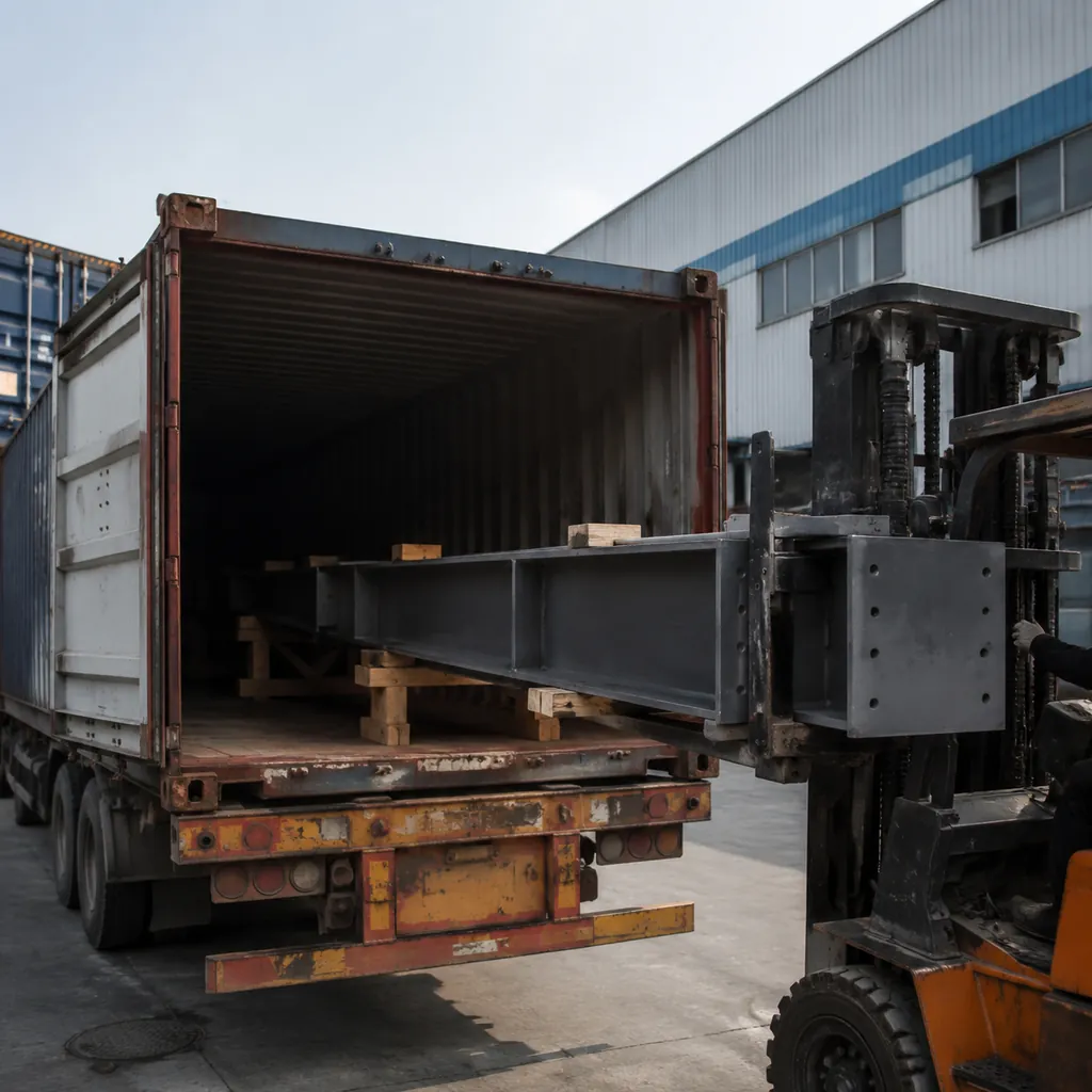 Steel member loaded into a shipping container with a forklift