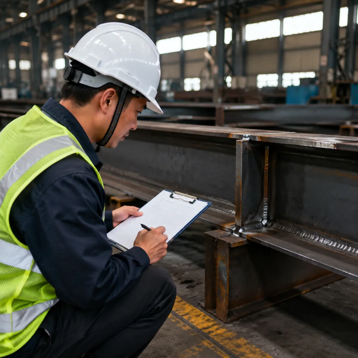 Inspector checking a welded beam with a checklist