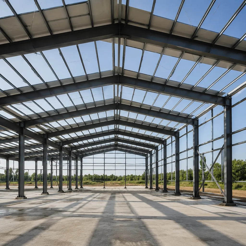 Pre-engineered steel building frame with roof purlins installed