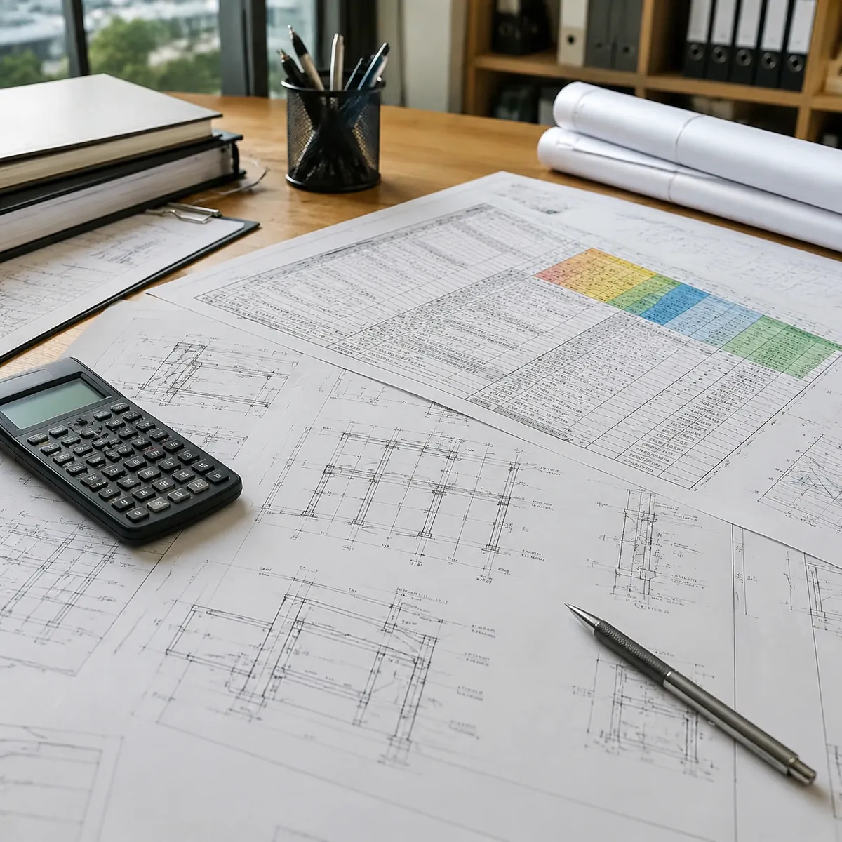 Engineering drawings and load tables on a desk