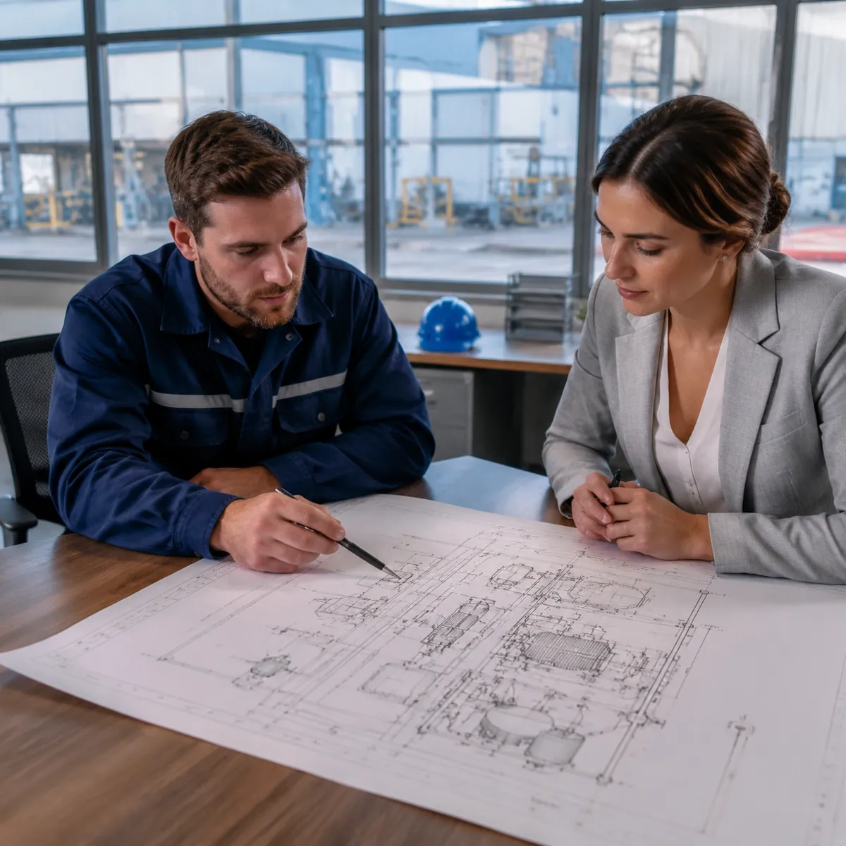 Engineer and buyer reviewing a general arrangement drawing
