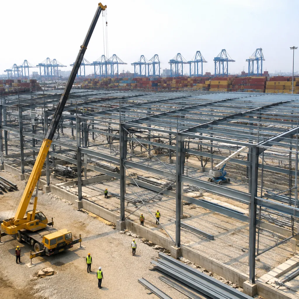 Commercial steel building under construction near a container port in Lagos