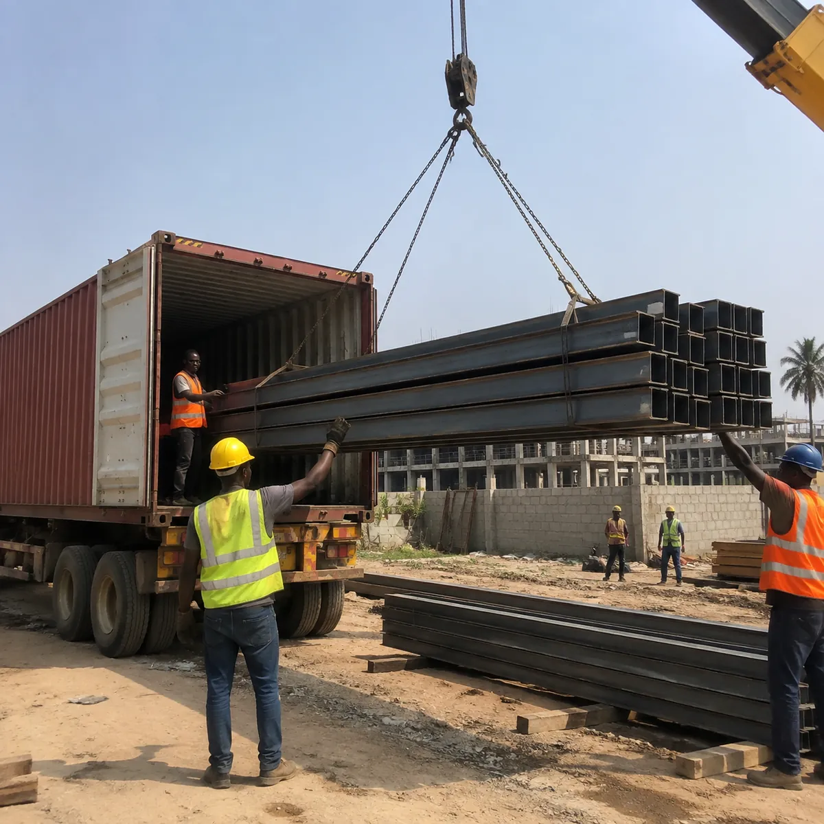 Steel beams unloaded from a container truck at a Nigerian construction site