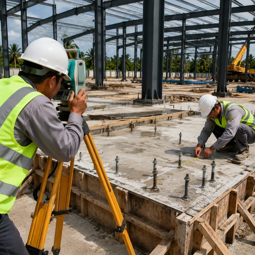 Surveyors checking anchor bolt positions on a foundation slab