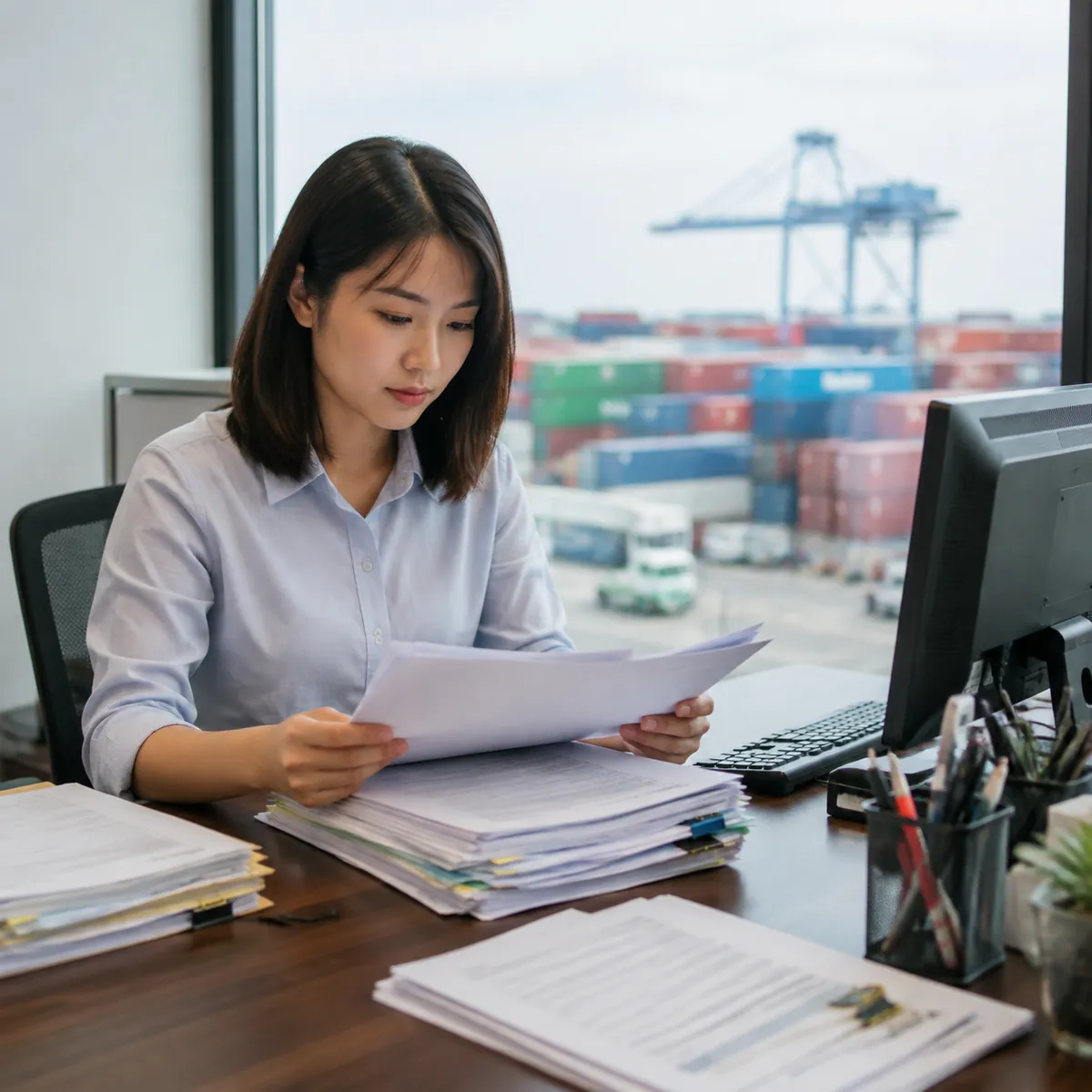 Export coordinator reviewing shipping documents and a bill of lading