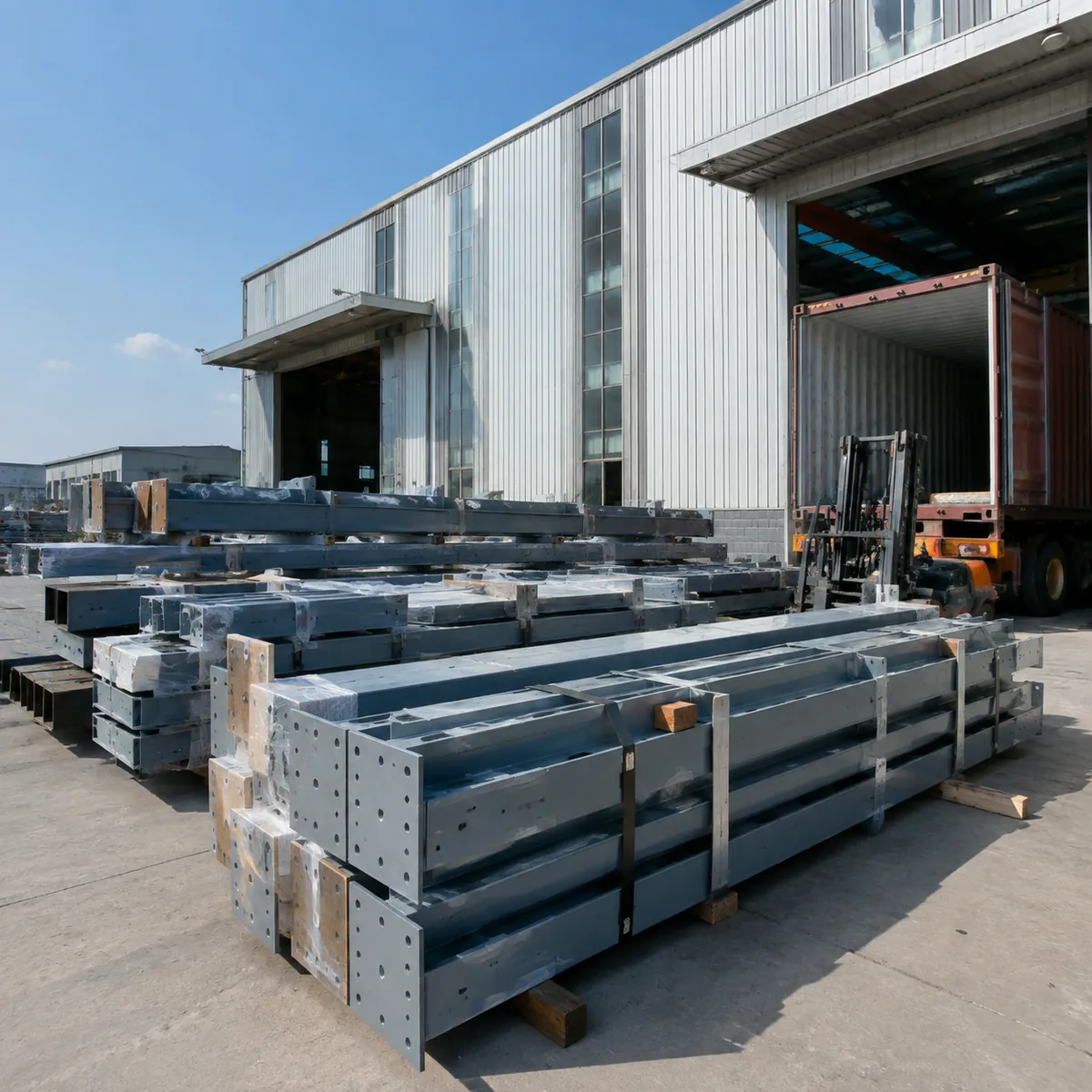 Steel building packages strapped and labeled for export in a factory yard