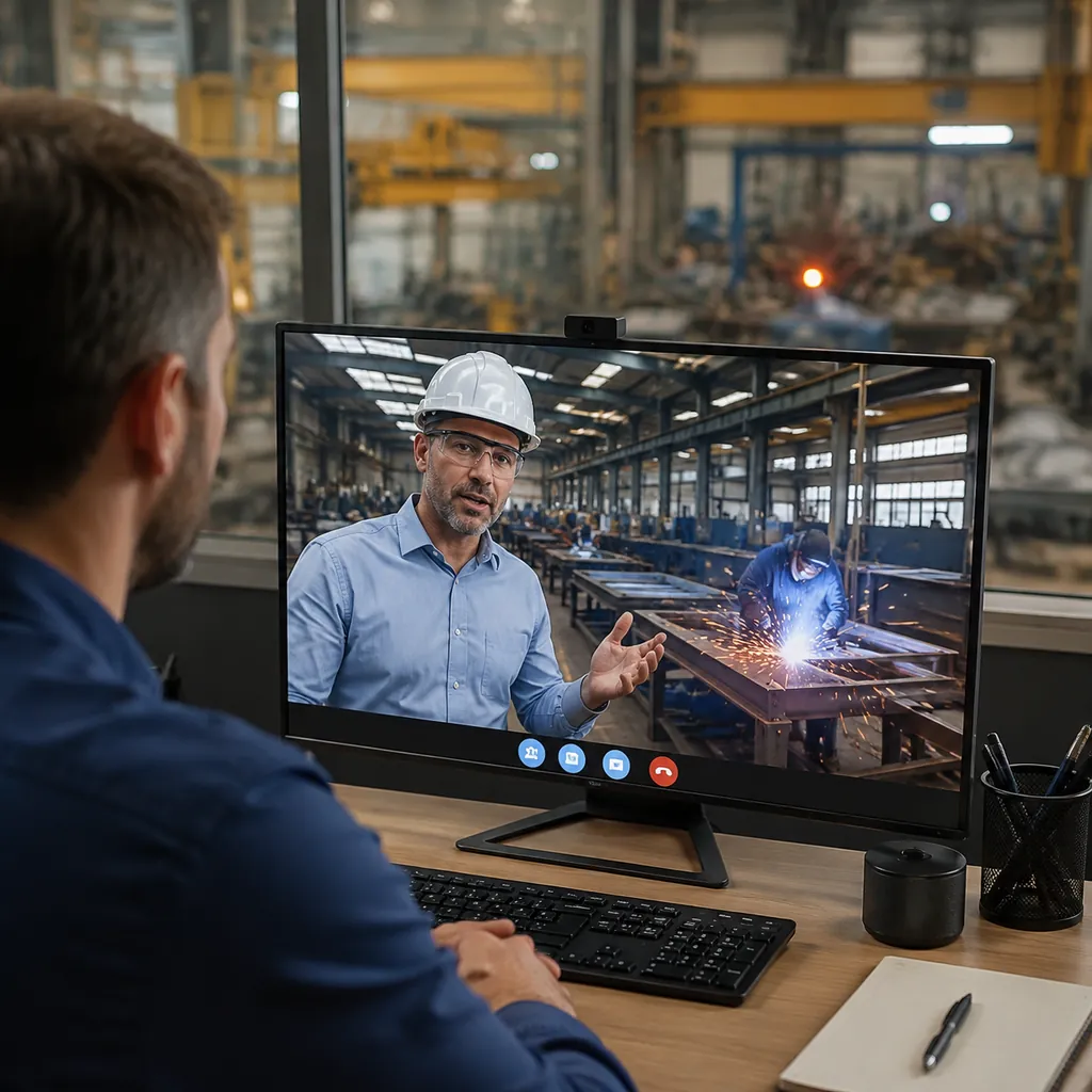 Buyer on a video call touring a fabrication workshop