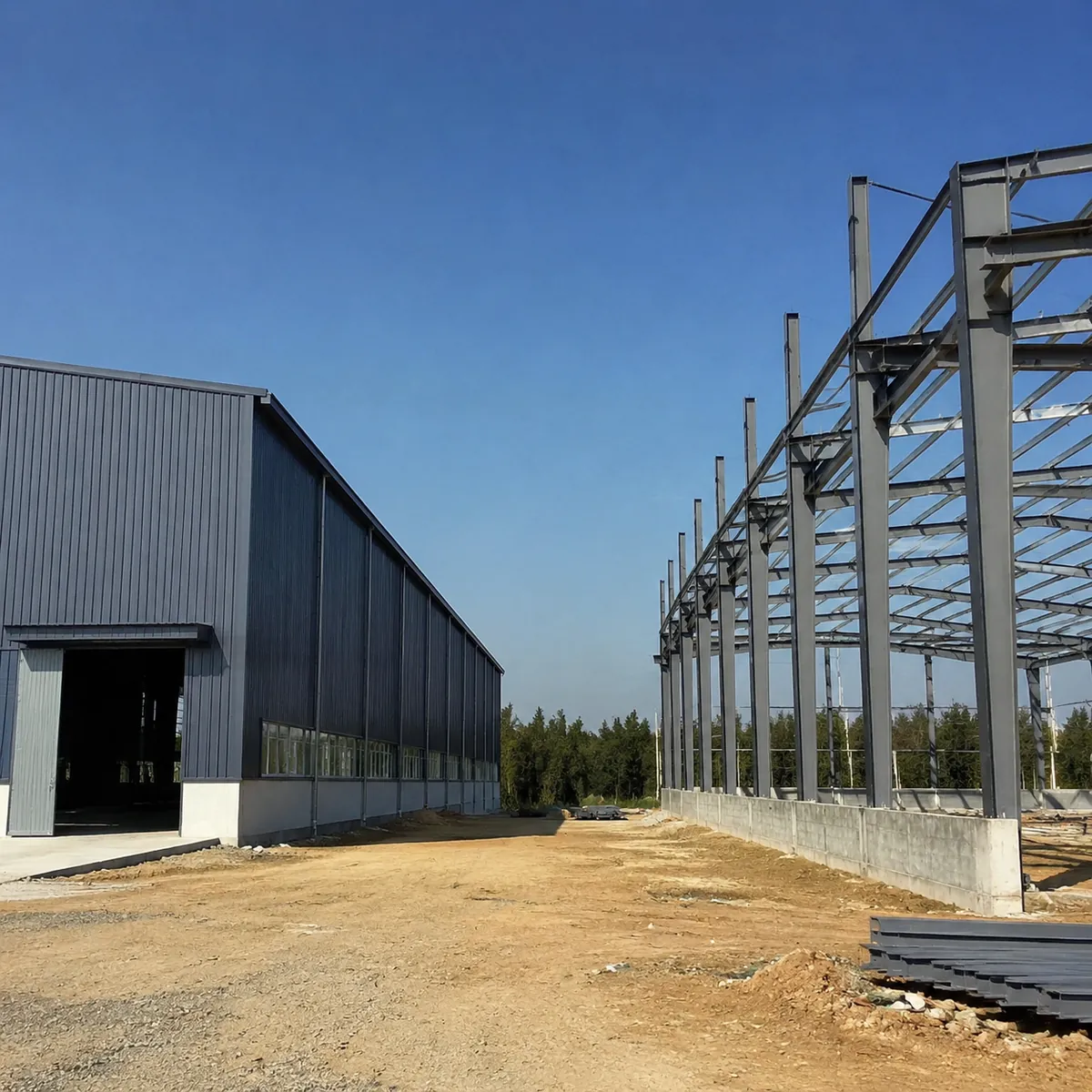 Completed steel warehouse next to a bare steel frame under construction