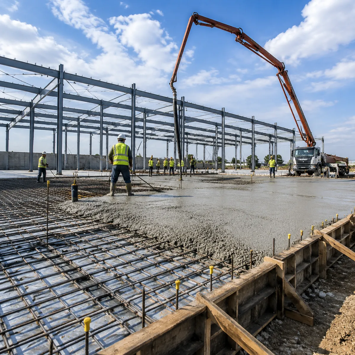 Concrete foundation slab being poured for a steel building
