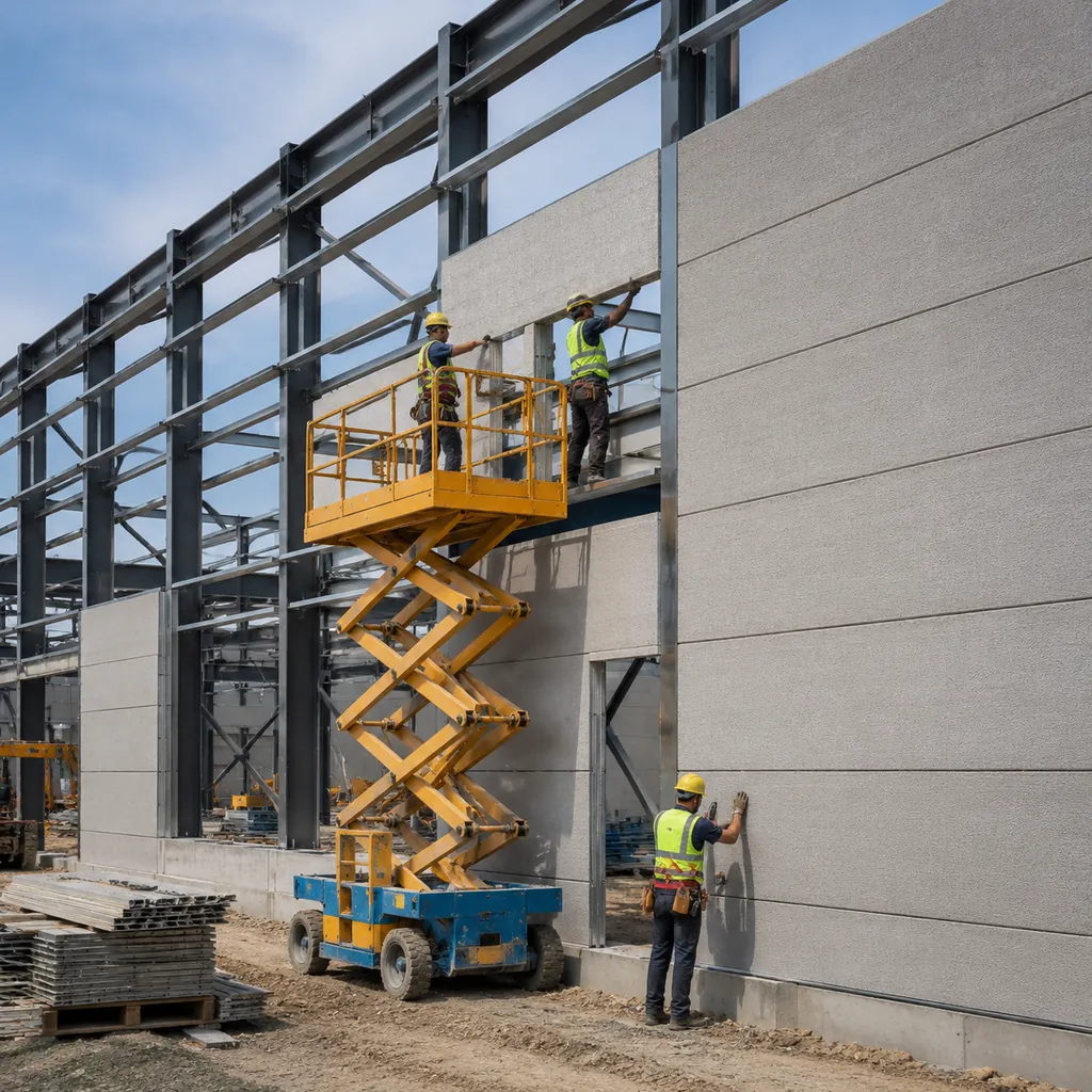 Erection crew fixing wall panels onto a steel frame