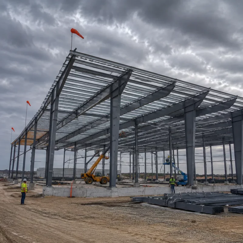 PEB warehouse frame with tapered columns during erection