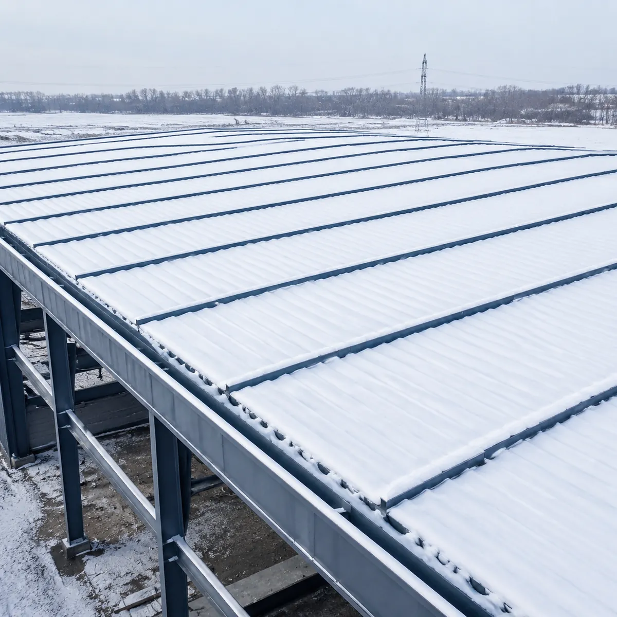 Snow-covered steel warehouse roof in winter