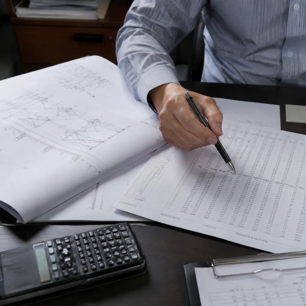 Engineer reviewing wind load tables and frame drawings