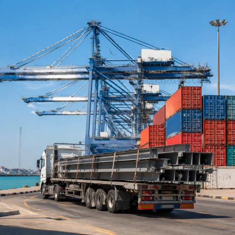 Jebel Ali port with cranes and a truck carrying steel structure members