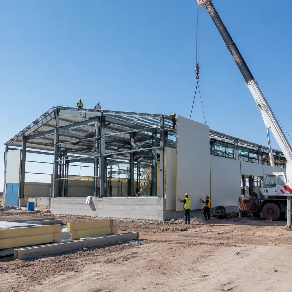 Steel warehouse under construction in the desert with sandwich panel walls