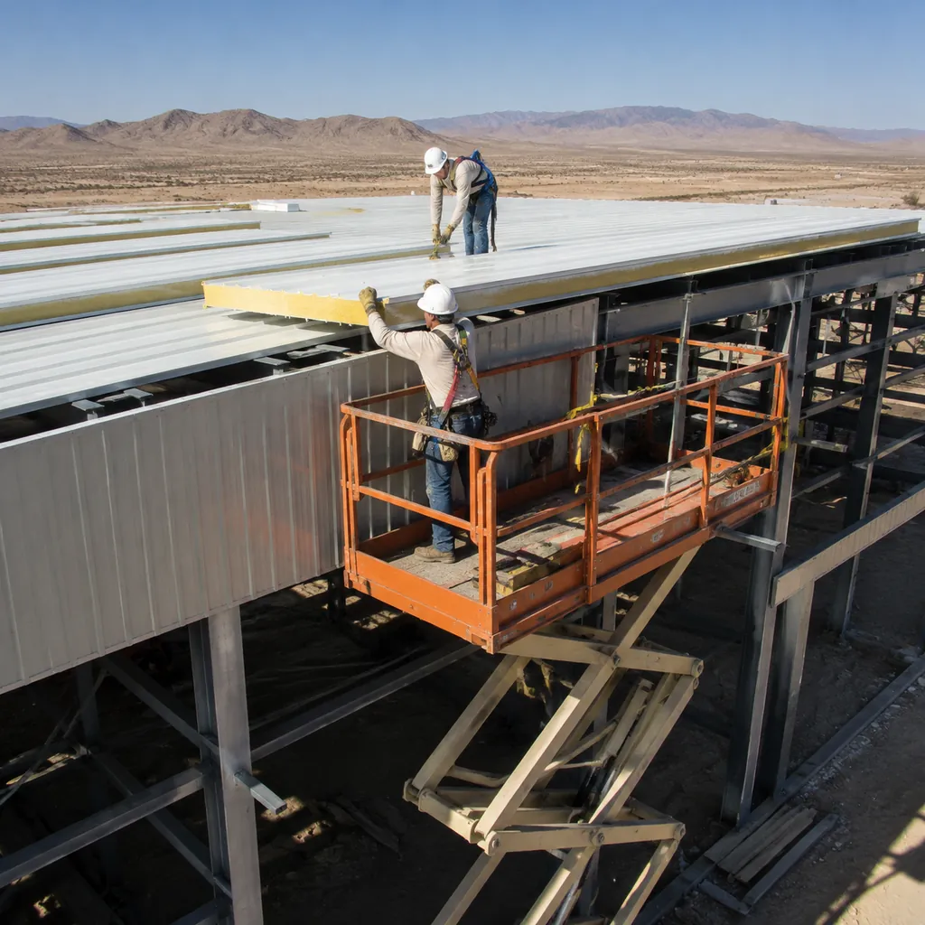 Workers installing insulated sandwich panels on a steel building roof