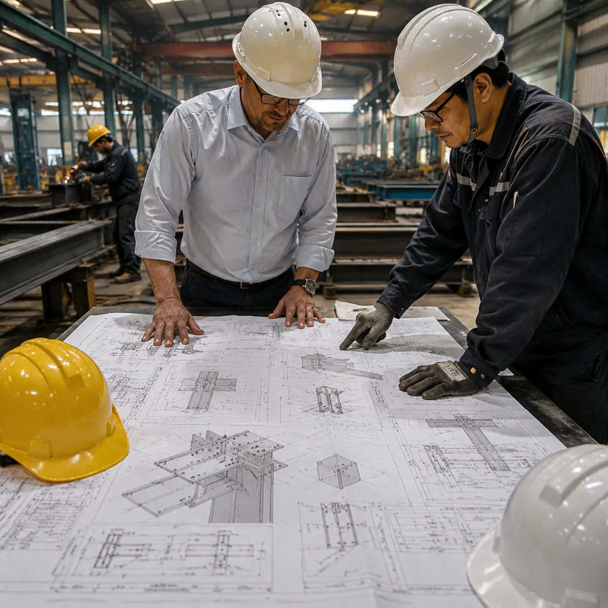 Fabricator and buyer reviewing steel shop drawings at a drafting table