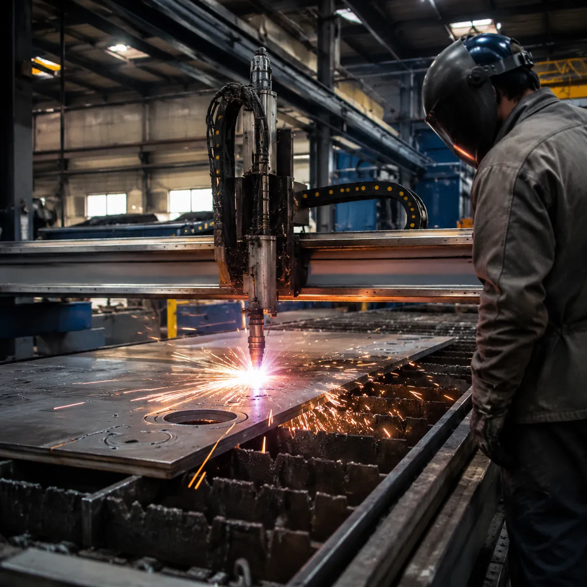 CNC plasma cutting steel plates in a fabrication workshop