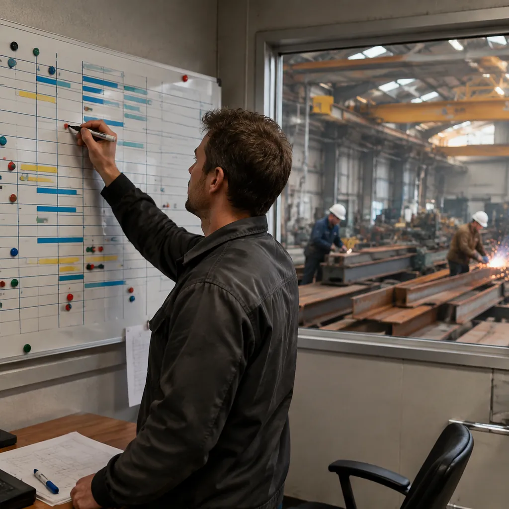 Production planner updating a steel fabrication schedule on a whiteboard